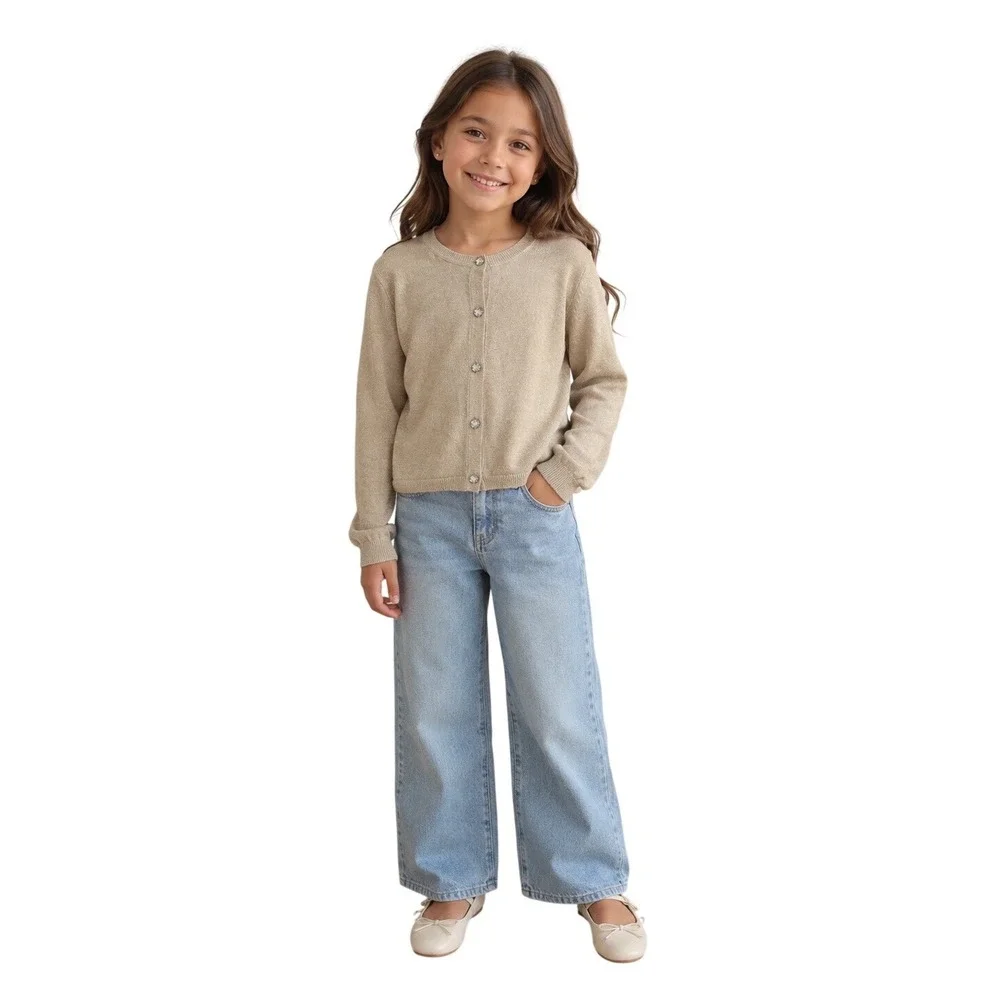 Nordstrom Girls Gold Metallic Shimmer Cardigan Rhinestone Button Sweater Size 7
